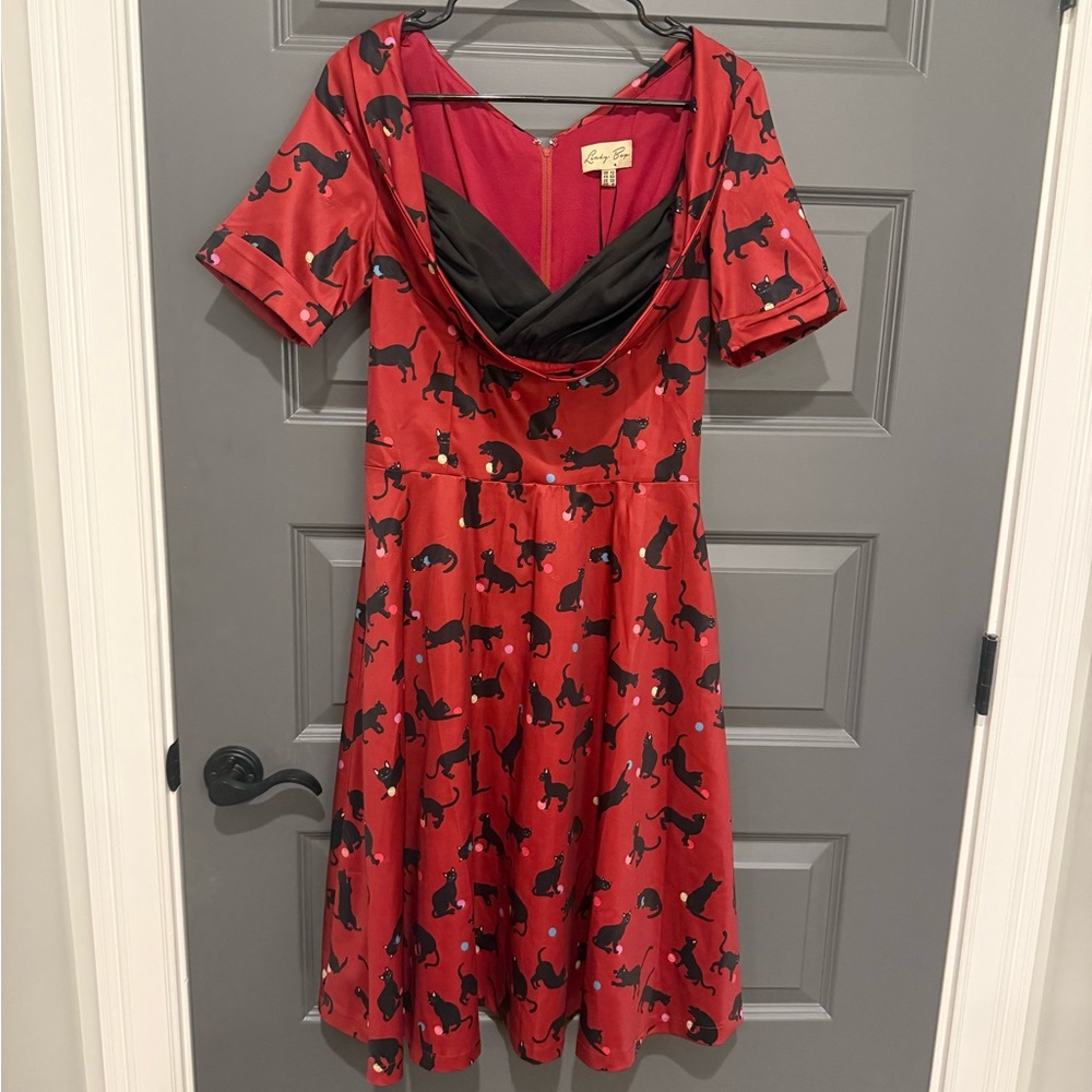 NWT Lindy Bop Red and Black Cat Print Dress